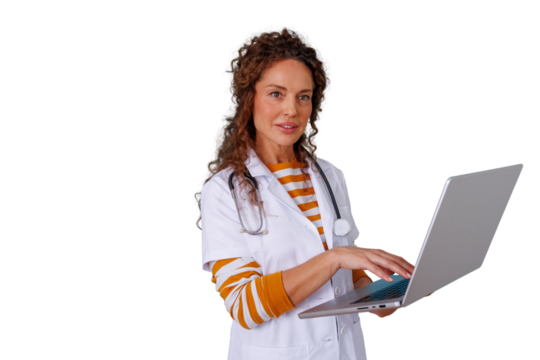 Female doctor using laptop for telehealth and digital health services, wearing lab coat and stethoscope, transparent background