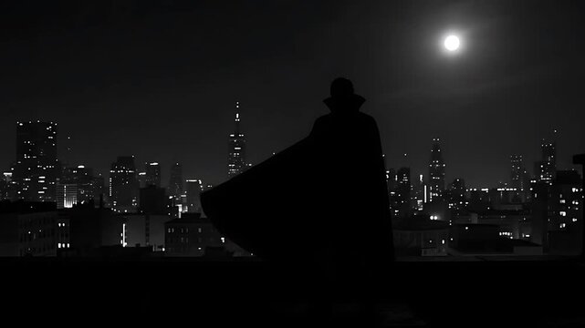 Noir Style Silhouette Standing Watch Over Gotham Inspired Cityscape in Moonlight