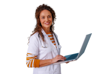 Female doctor working on a laptop, providing virtual health services and digital consultations with a smiling expression