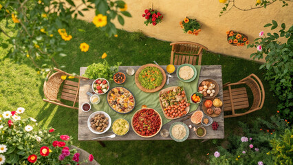 table with food in the garden in summer view from above