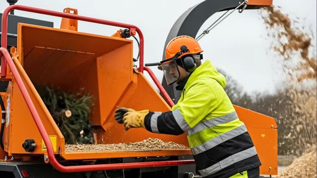 christmas tree being processed into wood chips at a recycling site