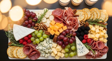 An elaborate charcuterie board featuring an assortment of cheeses, cured meats, fresh fruits, nuts, and crackers, beautifully arranged for a gathering.