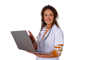 Female doctor using laptop in healthcare setting, providing medical consultation, smiling, on transparent background