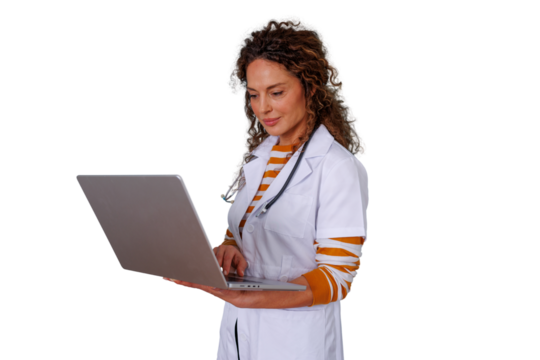 Female doctor using laptop for telemedicine consultation and digital healthcare, transparent background