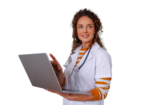 Female doctor using laptop in healthcare setting, providing medical consultation, smiling, on transparent background