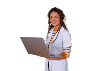 Female doctor using laptop for telehealth consulting, standing smiling, medical professional on transparent background