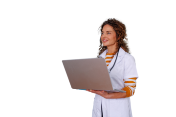 Medical professional woman doctor consulting online healthcare data using laptop, transparent background