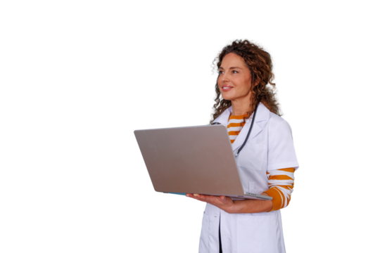 Medical professional woman doctor consulting online healthcare data using laptop, transparent background