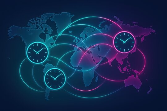 Global time synchronization with interconnected clocks illustrating international collaboration, timezone awareness, and digital interactivity within a modern conceptual landscape