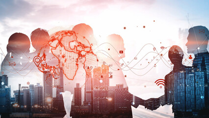 This dynamic double exposure image illustrates a business partnership set against an urban skyline, emphasizing global connectivity and modern communication. Xenic