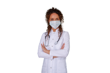 Female doctor wearing face mask and white coat, standing with arms crossed, working in healthcare field, transparent background