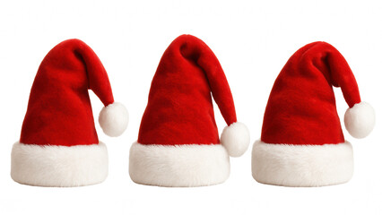 Three classic red Santa hats with white fur trim and pom-poms on a transparent background, clean isolated festive objects perfect for Christmas designs, holiday branding, winter decoration layouts