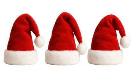 Three classic red Santa hats with white fur trim and pom-poms on a transparent background, clean isolated festive objects perfect for Christmas designs, holiday branding, winter decoration layouts