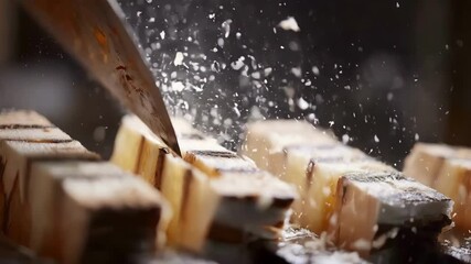 Detailed view of controlled slicing process producing smooth thin wood layers from maple logs for custom woodwork projects