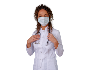 Female doctor or nurse in white coat and medical mask wearing stethoscope, health security and professional care