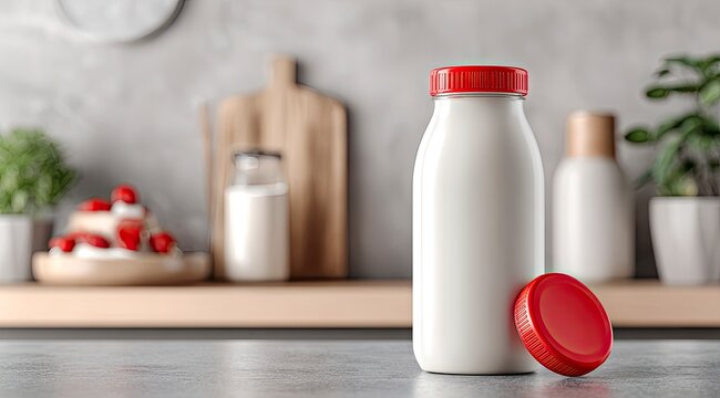 White milk bottle with red cap, kitchen setting - Powered by Adobe