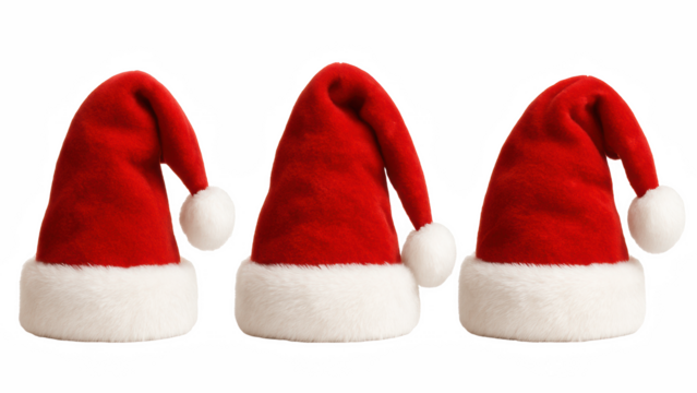 Three classic red Santa hats with white fur trim and pom-poms on a transparent background, clean isolated festive objects perfect for Christmas designs, holiday branding, winter decoration layouts
