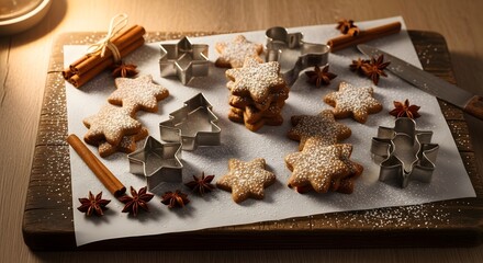 Freshly baked Christmas cookies with powdered sugar, cookie cutters, cinnamon sticks, and star anise on a wooden board.