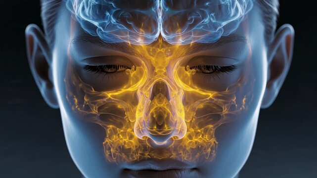 Human Head with Highlighted Sinuses and Brain - Medical X-Ray Scan Visualization.