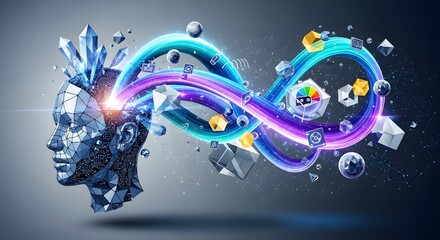 Futuristic AI head generating digital data stream for innovative technology solutions, envisioning the power of artificial intelligence for business growth