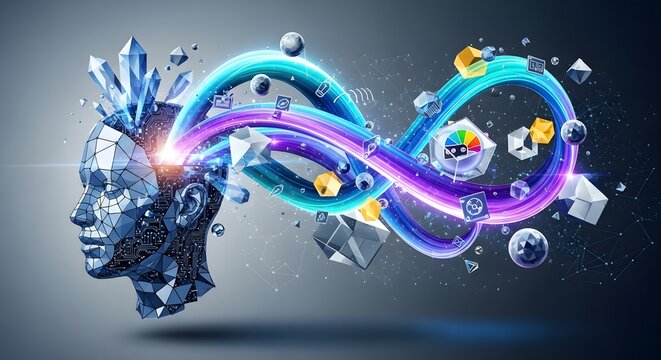 Futuristic AI head generating digital data stream for innovative technology solutions, envisioning the power of artificial intelligence for business growth