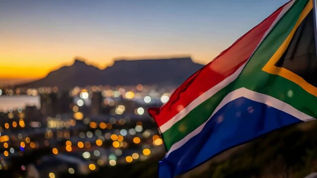 South African flag flying over cape town at dusk with blurry city lights, celebrating independence day concept