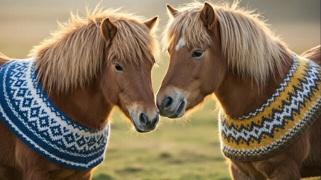  two icelandic long haired ponies close-up outdoor portrait 