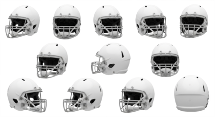 Set of white American football helmets isolated on transparent background, PNG 