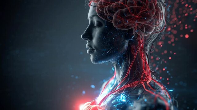 Human body with visible brain and nervous system representing health and medical science.