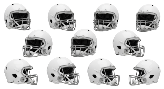 Set of white American football helmets isolated on transparent background, PNG