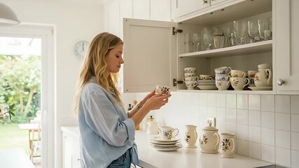 Woman in bright kitchen examines floral teacup with vintage china collection and kitchen view - Powered by Adobe