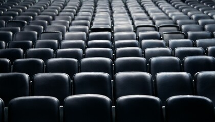 rows of empty black leather seats in an auditorium await an audience