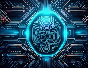 glowing digital fingerprint scanning on a futuristic circuit board representing cyber security and biometric technology
