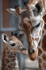 Close-Up Of A Giraffe Mother And Calf Together In A Natural Habitat To Highlight Family Bond And Wildlife