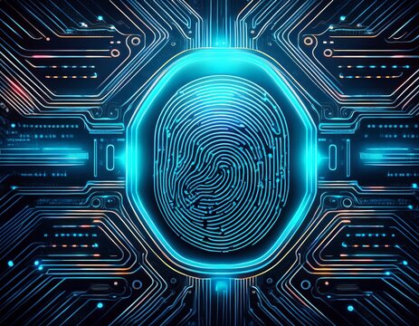 glowing digital fingerprint scanning on a futuristic circuit board representing cyber security and biometric technology - Powered by Adobe