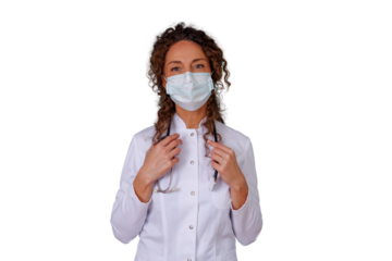 Woman doctor wearing surgical mask and stethoscope, working in healthcare, medicine managing pandemic crisis, transparent background