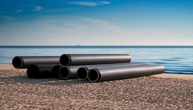 several dark gray pipelines rest on a light brown sandy beach near a calm ocean