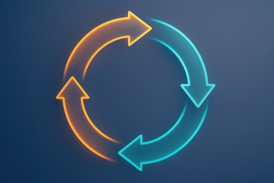 Dynamic circular motion concept illustrating the flow of processes represented by arrows in contrasting neon colors of blue and orange symbolizing innovation and continuity