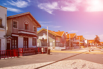 Costa Nova, Aveiro, Portugal: colorful striped houses called Palheiros at street