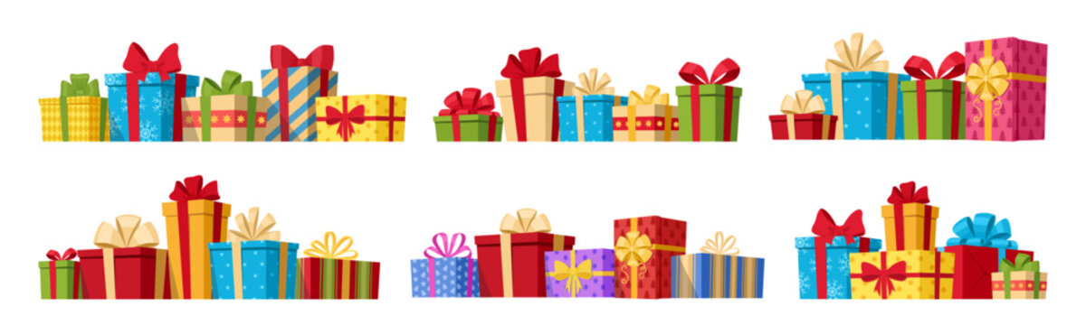 Christmas gift boxes. Wrapped xmas gifts, winter holidays surprises, Birthday party or Xmas gift boxes flat vector illustration set. Cartoon gift boxes on white