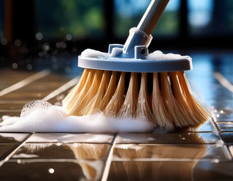 a close up of a cleaning brush scrubbing a tiled floor with soapy foam showcasing effective cleaning in action