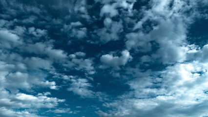 Dramatic full frame view of the sky filled with scattered white fluffy cumulus clouds contrasting sharply against the deep blue atmosphere