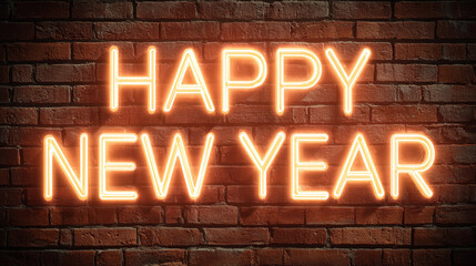 Bright neon sign wishing happy new year on a brick wall