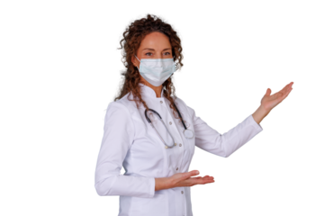 Healthcare professional woman in medical uniform with face mask gesturing an empty space for a product or text on transparent background