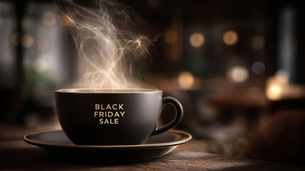 Fototapeta premium Enjoy warm coffee during Black Friday sale at a cozy cafe setting in the evening