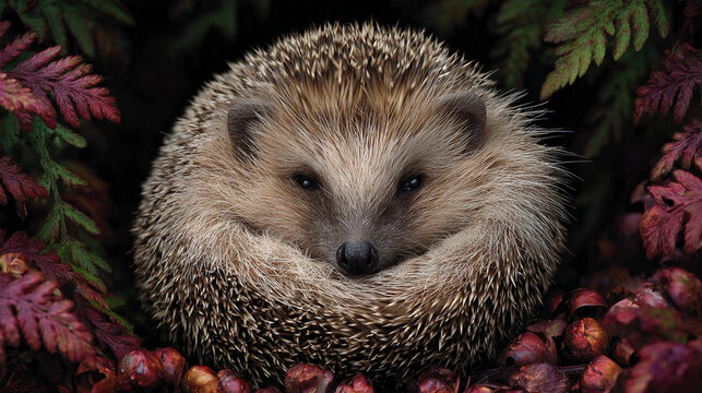 Hedgehog nestled among colorful leaves and berries in nature - Powered by Adobe