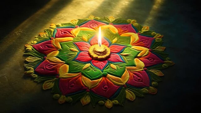 Colorful rangoli design with a lit candle in the center, suitable for cultural or festive backgrounds