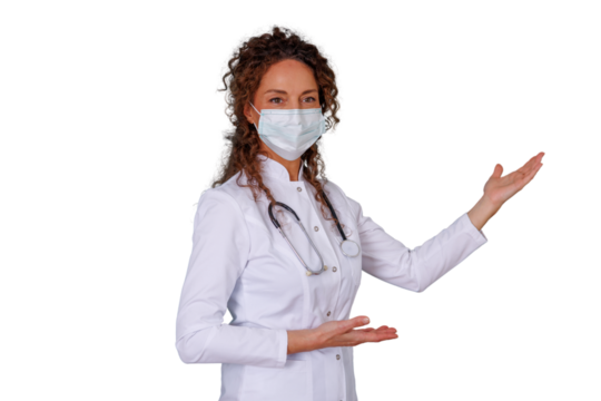 Healthcare professional woman in medical uniform with face mask gesturing an empty space for a product or text on transparent background - Powered by Adobe