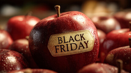 Fresh red apples with a Black Friday tag on display in a market setting during fall season