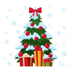 Naklejka premium Winter holidays xmas green fur tree. Evergreen tree decorated with ornaments and lights flat vector illustration. Snowy decorated Christmas tree with gift boxes